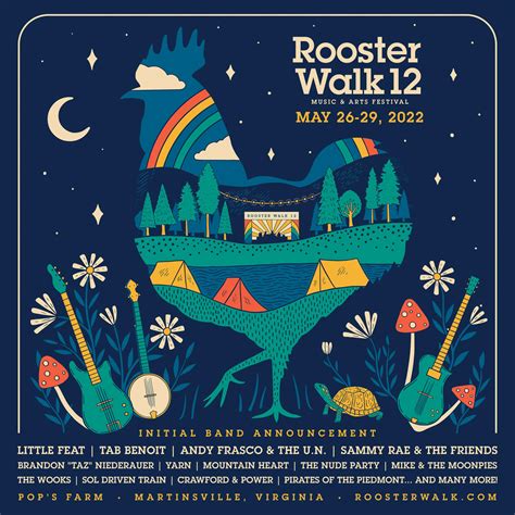 Rooster walk - Feb 6, 2023 · Rooster Walk Music & Arts Festival has added 19 new artists to its bill, completing the lineup for the event’s 13th iteration, which will occur at Pop’s Farm in Martinsville, Va., from May 25 ... 